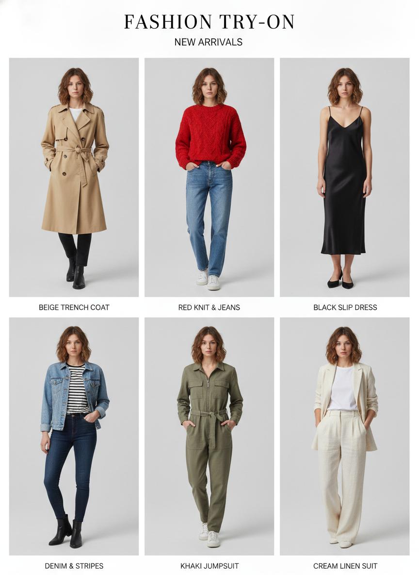 Virtual dressing room example — a labelled six frame lookbook grid showing the same person against the same grey backdrop in a trench coat, red knit, slip dress, denim jacket, khaki jumpsuit and cream linen suit