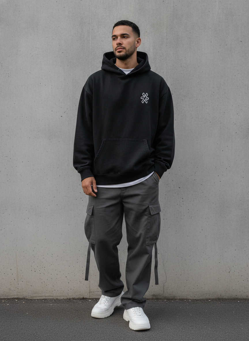 AI try on clothes example — an oversized washed black hoodie with loose cargo trousers and chunky white sneakers against a concrete wall