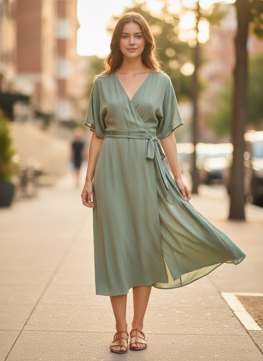 Virtual try on clothes example — a sage green midi wrap dress with a tie waist photographed outdoors in warm afternoon light
