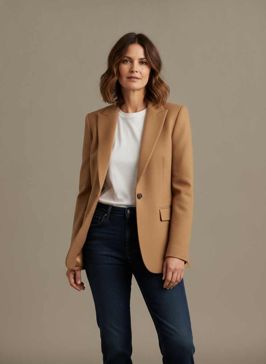 AI virtual try on example — a woman shown in a well fitted camel wool blazer over a white tee and dark straight jeans against a neutral studio backdrop