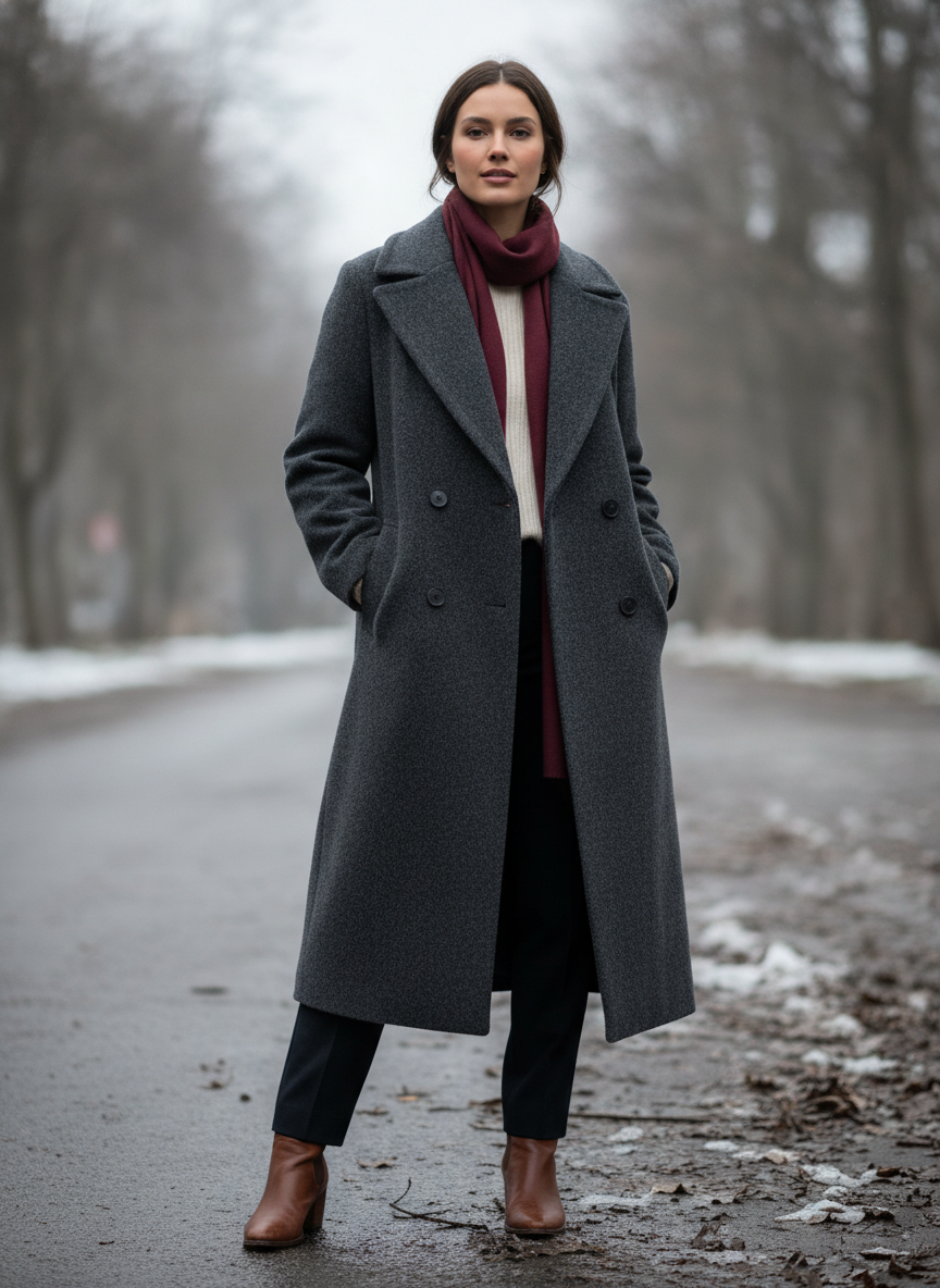 Virtual fitting room example — a long double breasted grey wool coat over a cream knit jumper with a burgundy scarf on a bare winter road