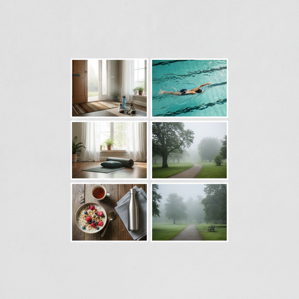 Health and routine vision board example — six calm tiles showing running shoes at a door, a swimmer, a rolled yoga mat, breakfast and a misty park path