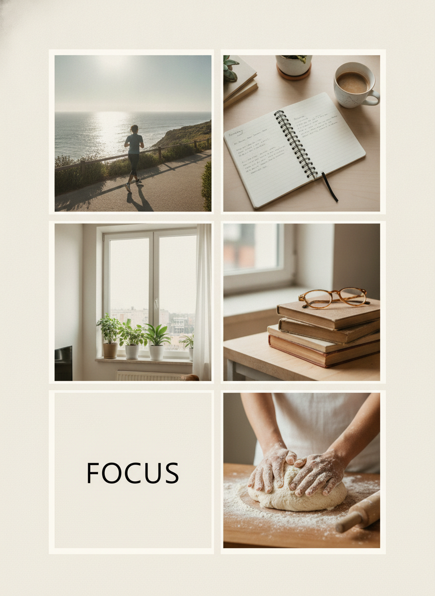 AI vision board generator example — a portrait photo grid vision board of a coastal run, a notebook and coffee, a plant-filled window, a stack of books and hands kneading bread, with one tile reading FOCUS
