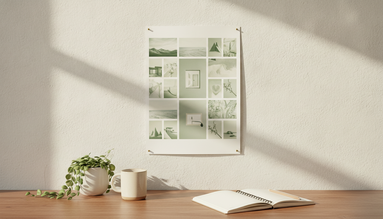 A printed vision board pinned above a wooden desk with a mug, a plant and an open notebook, lit by morning light