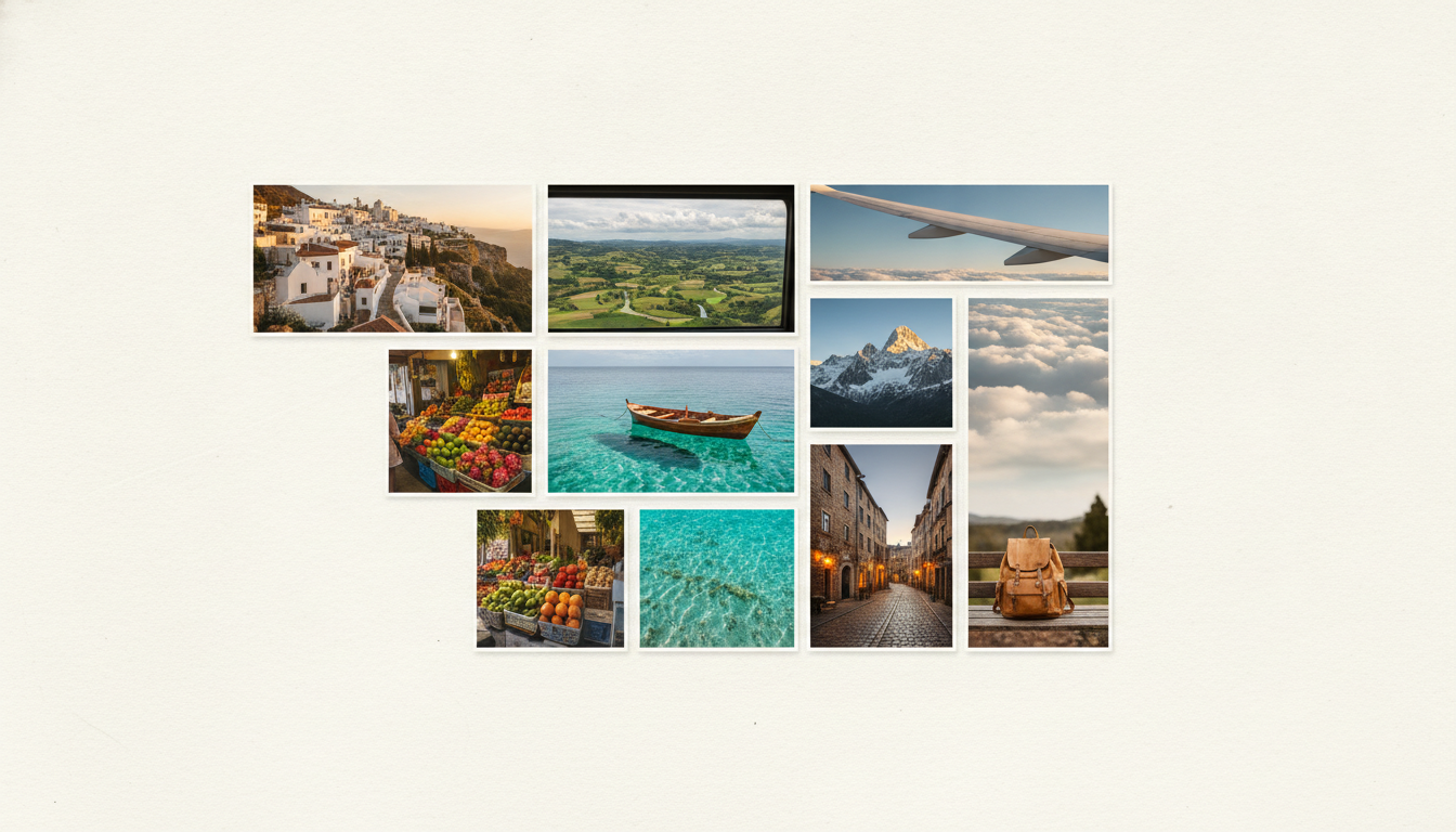 Travel vision board example — a wide collage of a hillside village, a train window, a market stall, a boat on turquoise water, a mountain ridge and a backpack, with two near-duplicate tiles visible