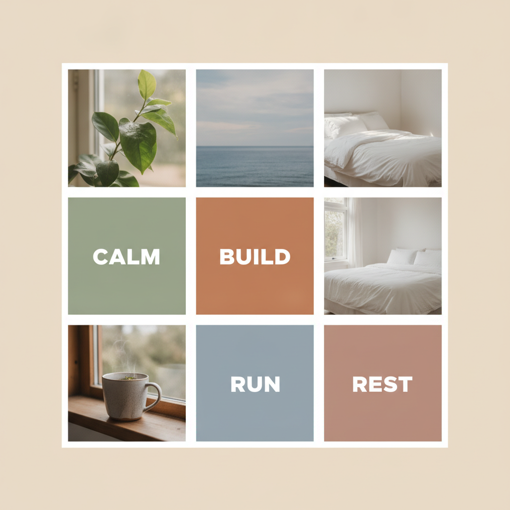 AI vision board maker example — a nine tile square board mixing soft photographs with colour blocks reading CALM, BUILD, RUN and REST in clean capitals