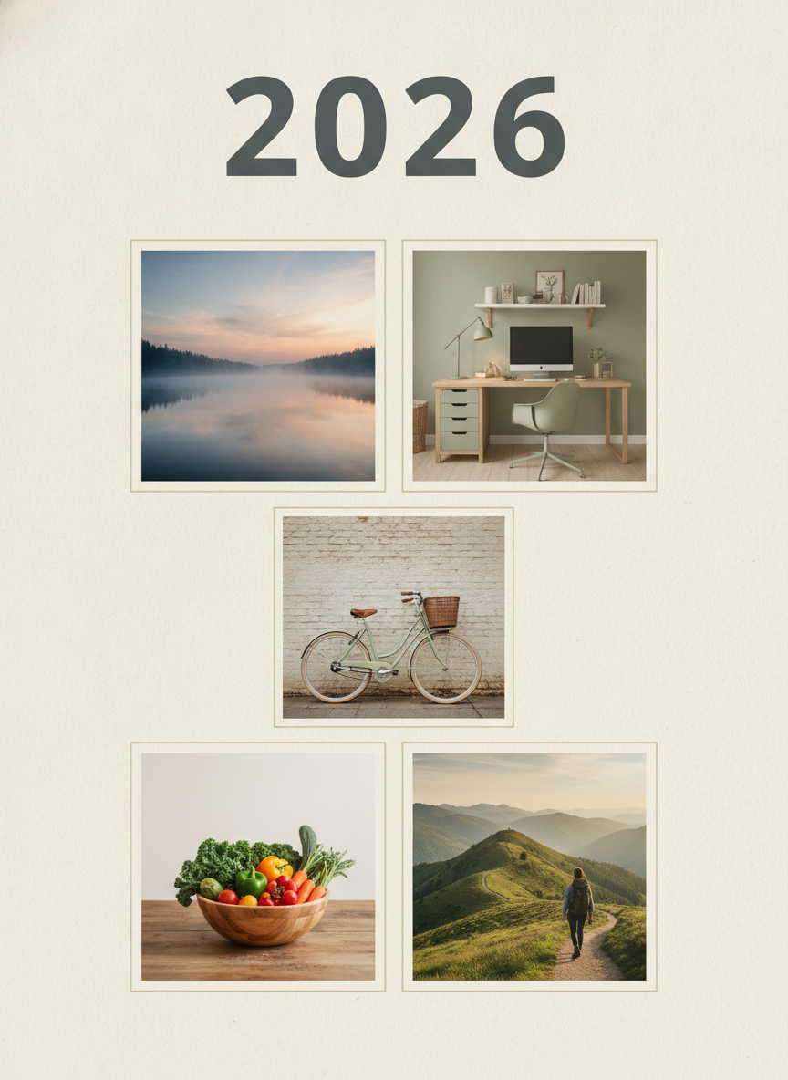 Printable 2026 vision board example — a large 2026 header above five tiles showing a misty lake, a home desk, a bicycle, a bowl of vegetables and a hiker on a green ridge