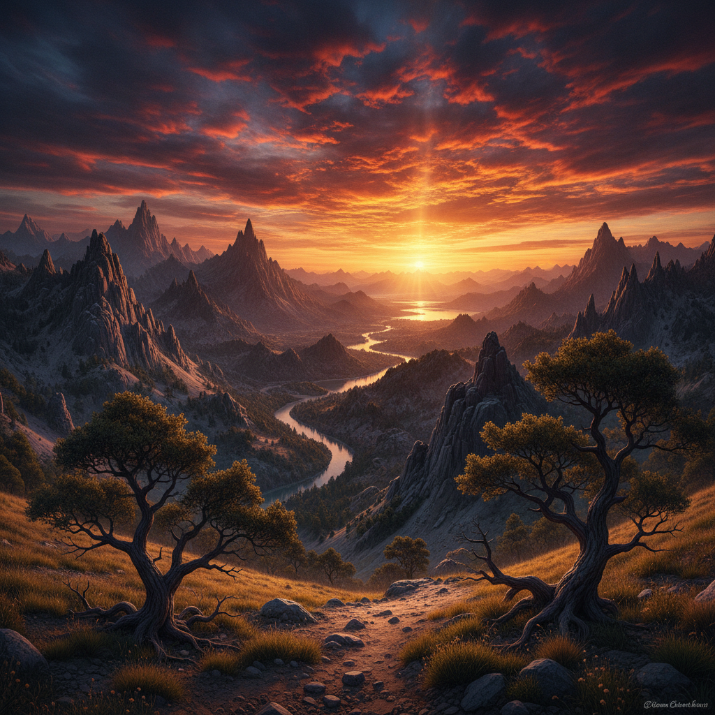 AI photo editing result — a dramatic landscape with enhanced sky, vivid sunset colors and balanced exposure from professional color grading