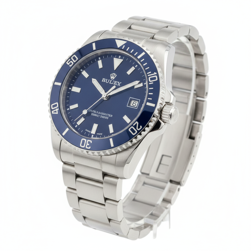 AI photo editing result — an ecommerce product photo of a luxury watch on a pure white background with perfect studio lighting