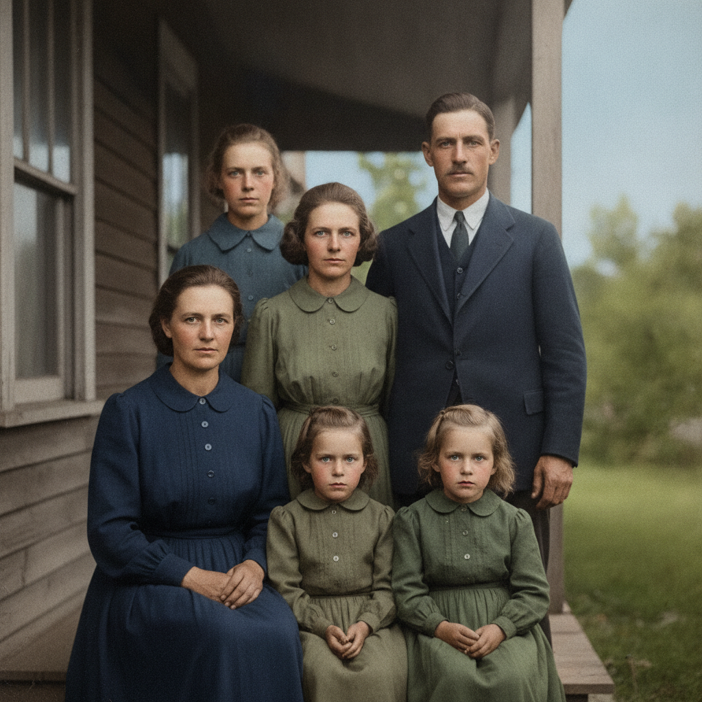 AI photo editing result — an old faded family photograph fully restored and colorized with scratches removed and natural realistic colors