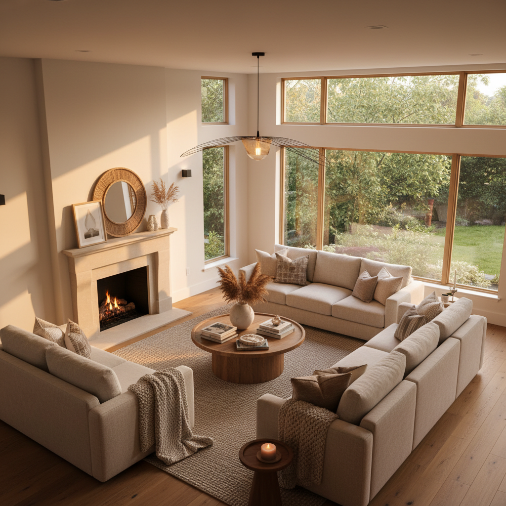 AI photo editing result — a real estate interior with corrected perspective, brightened windows and balanced exposure
