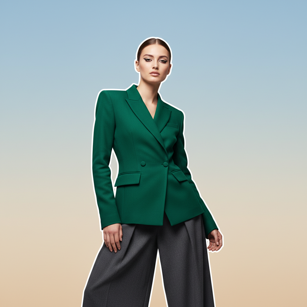 AI photo editing result — a fashion portrait with the background replaced by a clean gradient studio backdrop and natural edge blending