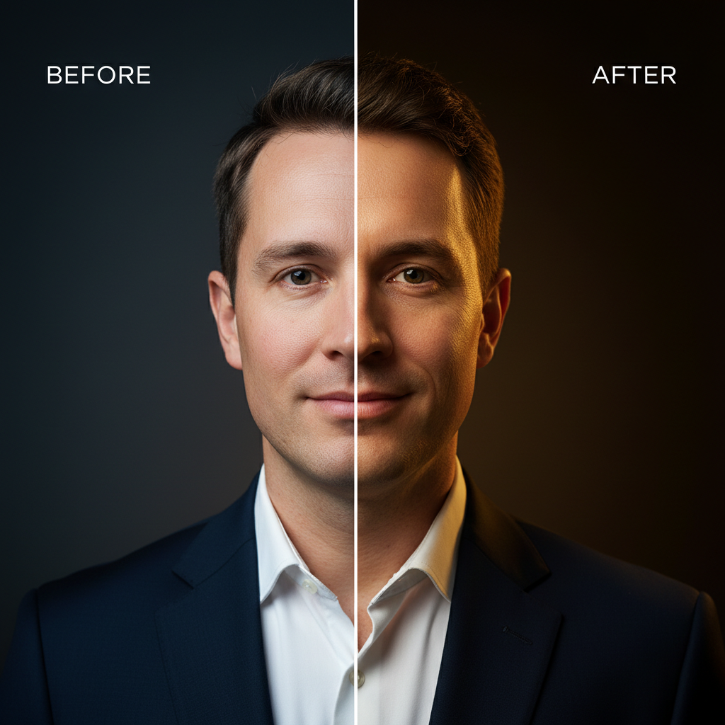 AI vs Photoshop image editing — a before-and-after portrait with AI skin retouching and color grading, no manual masking