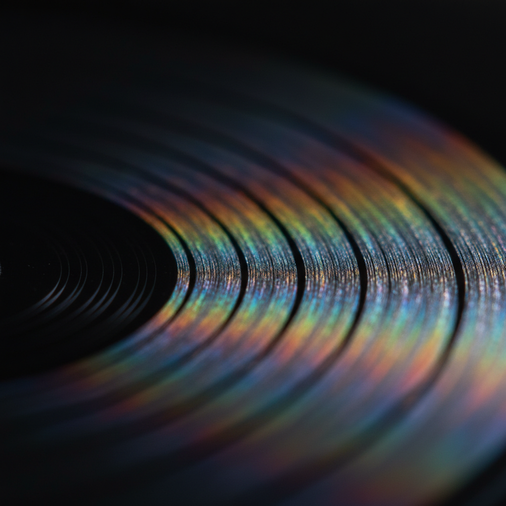 AI image generation example — extreme macro photograph of black vinyl record grooves with iridescent light refracting across the spiral