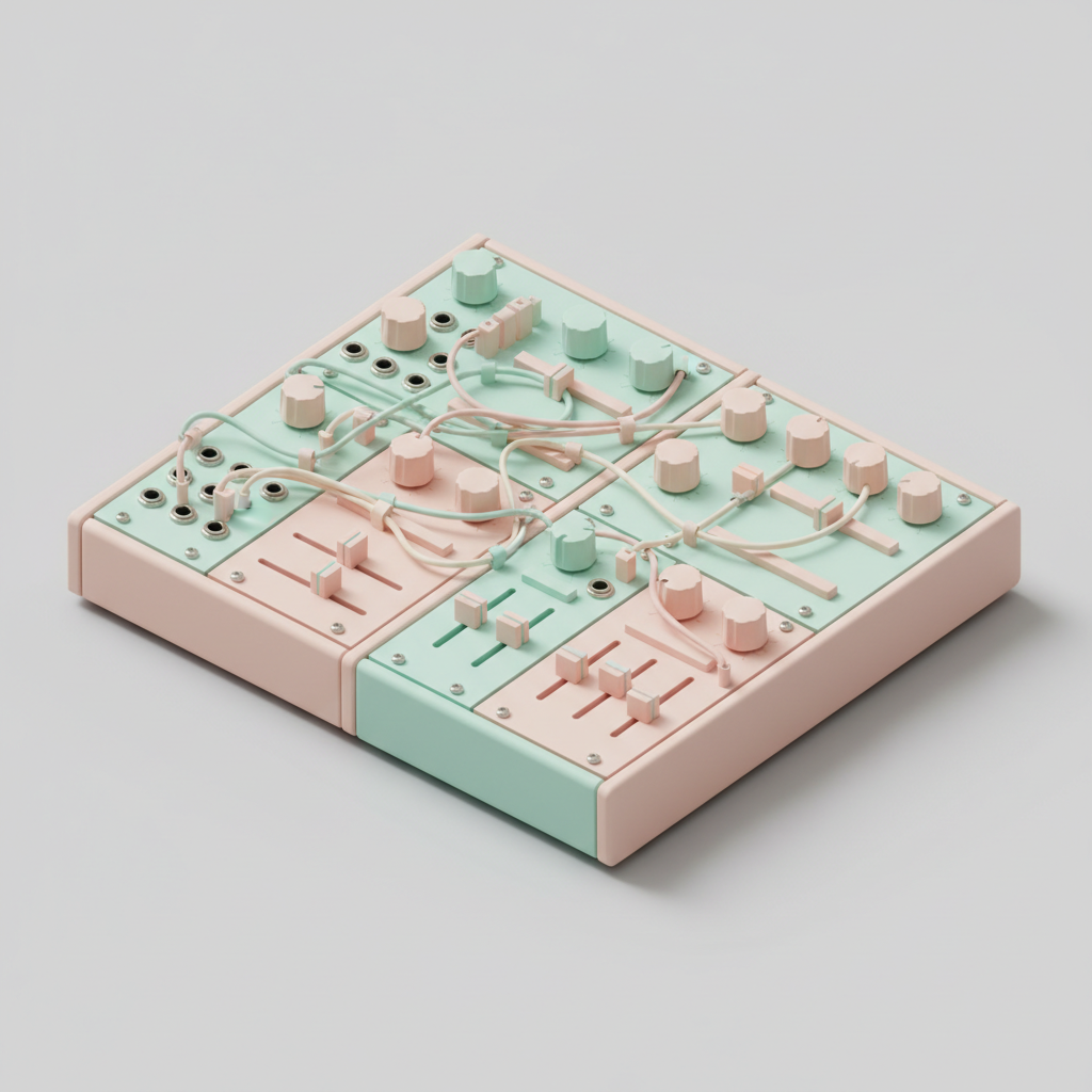 Digital art tools example — clean 3D isometric render of a modular synthesizer rack with patch cables in pastel mint and blush