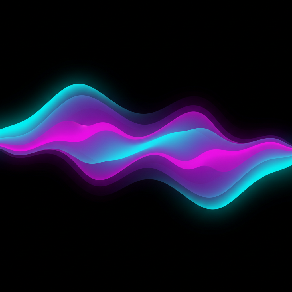 AI capabilities example — abstract audio artwork with glowing neon cyan, violet and magenta waveform ribbons on a black background