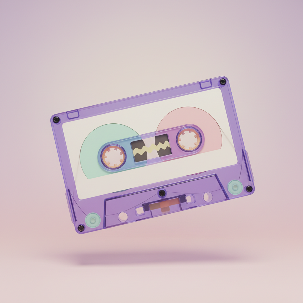 AI image generation example — 3D render of a retro cassette tape with glossy translucent shell on a soft lilac gradient background