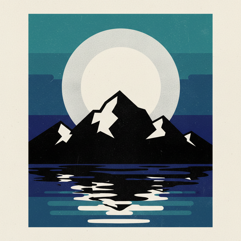 Image tool comparison example — flat vector screenprint concert poster of a black mountain range beneath a huge pale moon, reflected in teal and indigo water