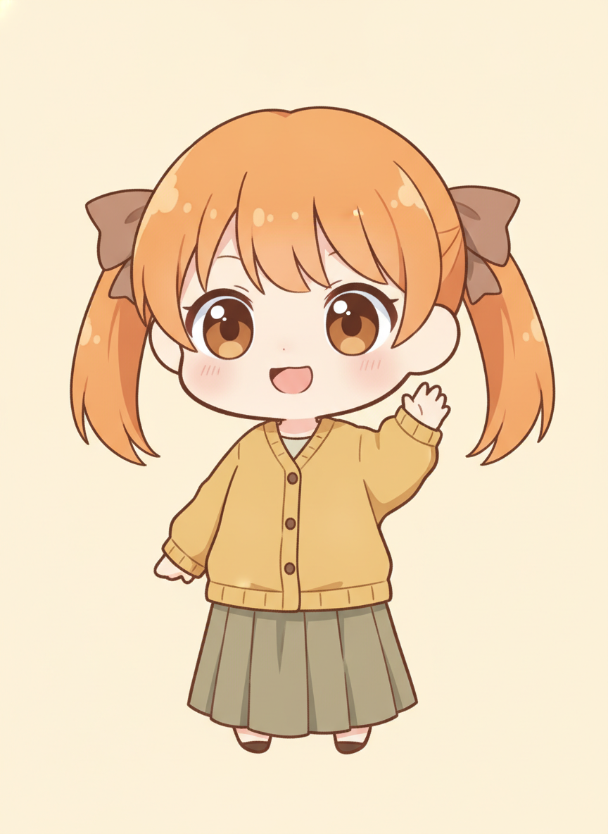 VTuber character design ai example — a chibi anime streamer avatar with orange twin tails, a mustard cardigan and a long pleated skirt, waving on a plain cream background