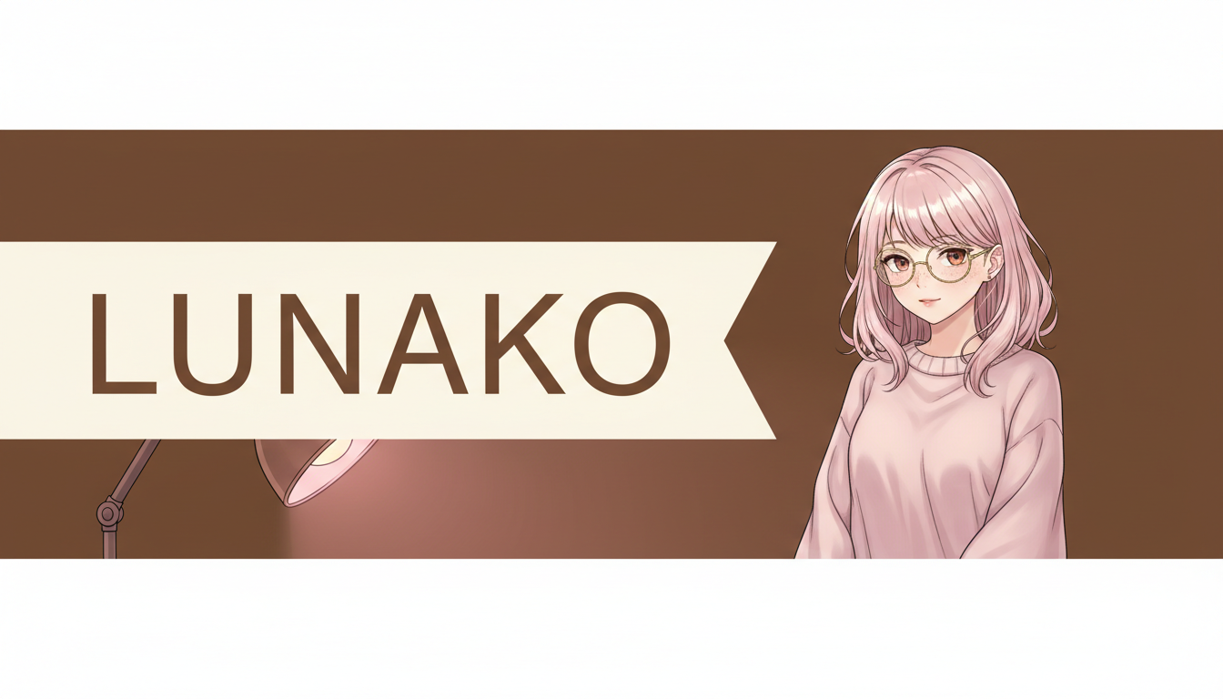 Free VTuber avatar maker example — a debut card with a pink-haired anime character in a knit jumper beside a cream banner reading LUNAKO