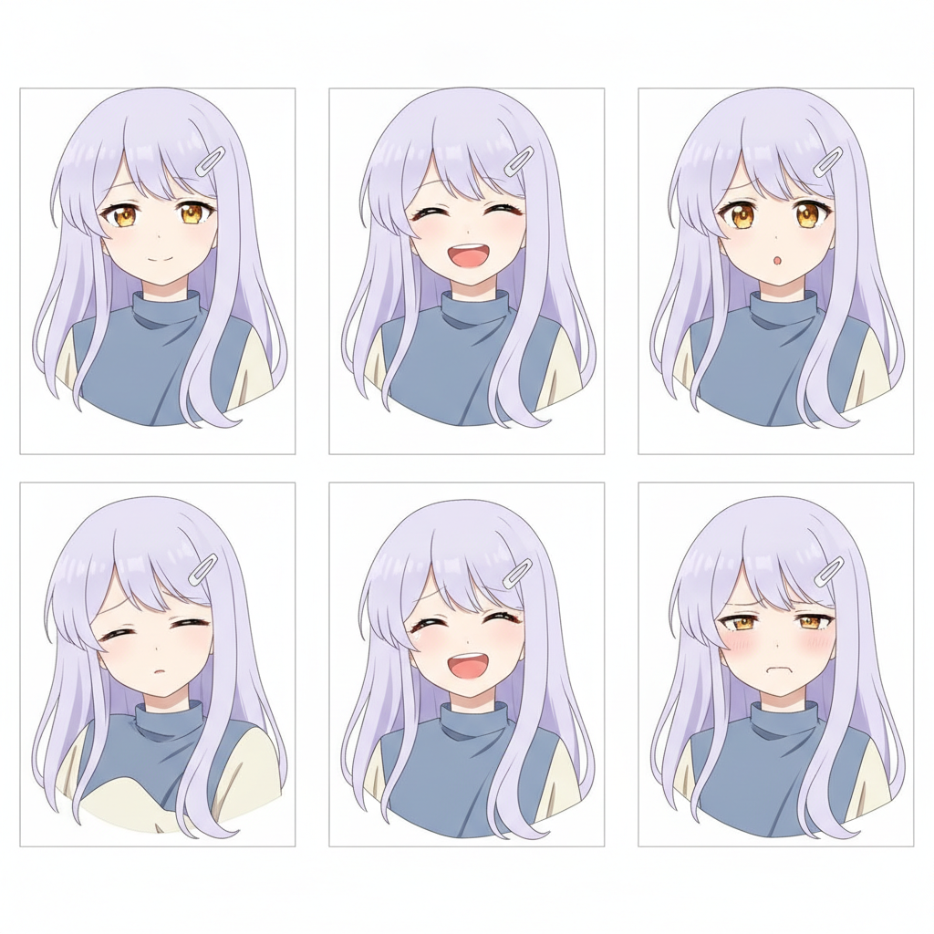 VTuber expression sheet generator example — six panels of the same lavender-haired anime character showing neutral, happy, surprised, sleepy, laughing and pouting expressions
