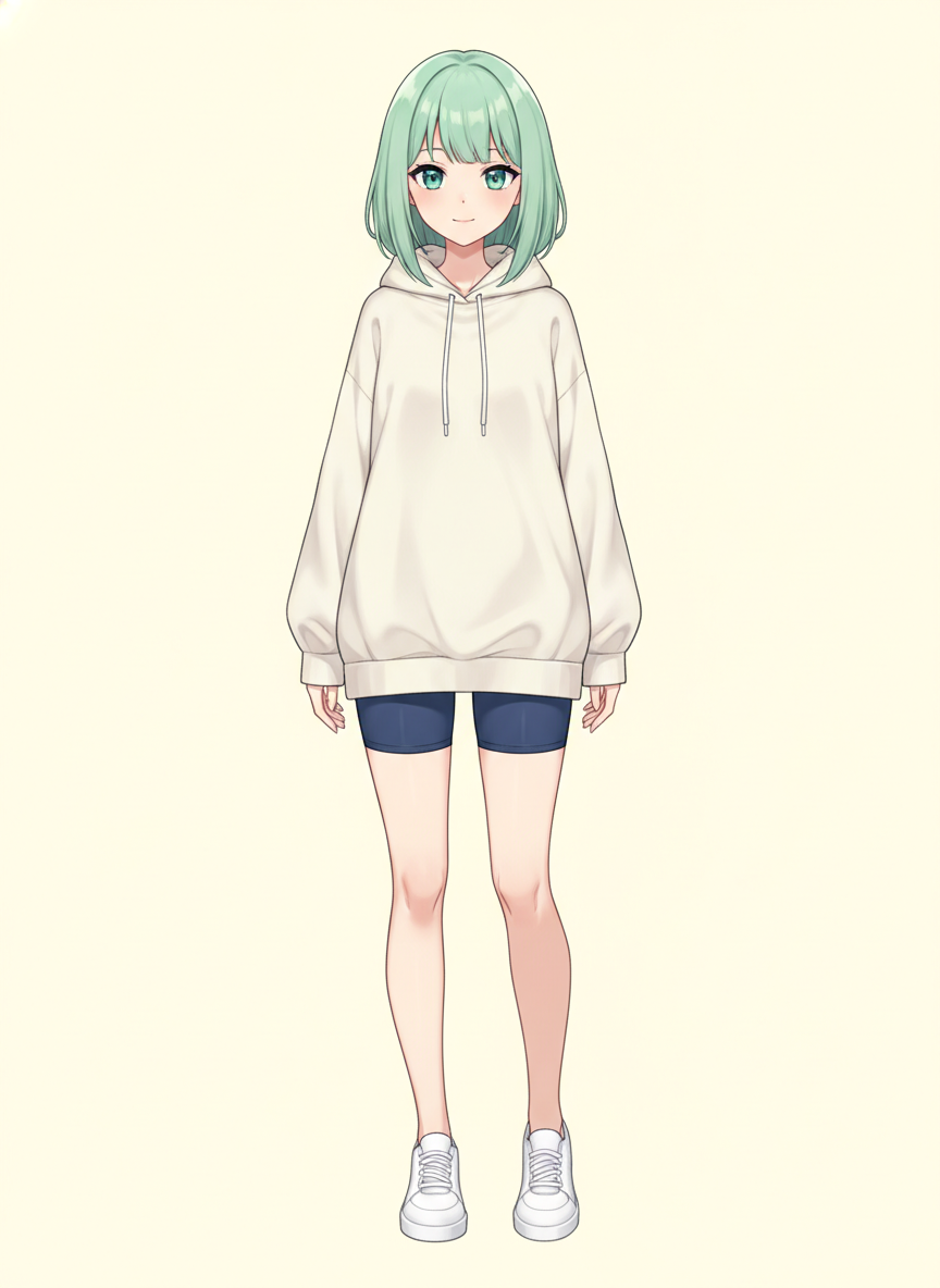 AI VTuber avatar generator example — a full-body anime streamer persona with a mint green bob and an oversized cream hoodie, standing front-facing on a plain cream background