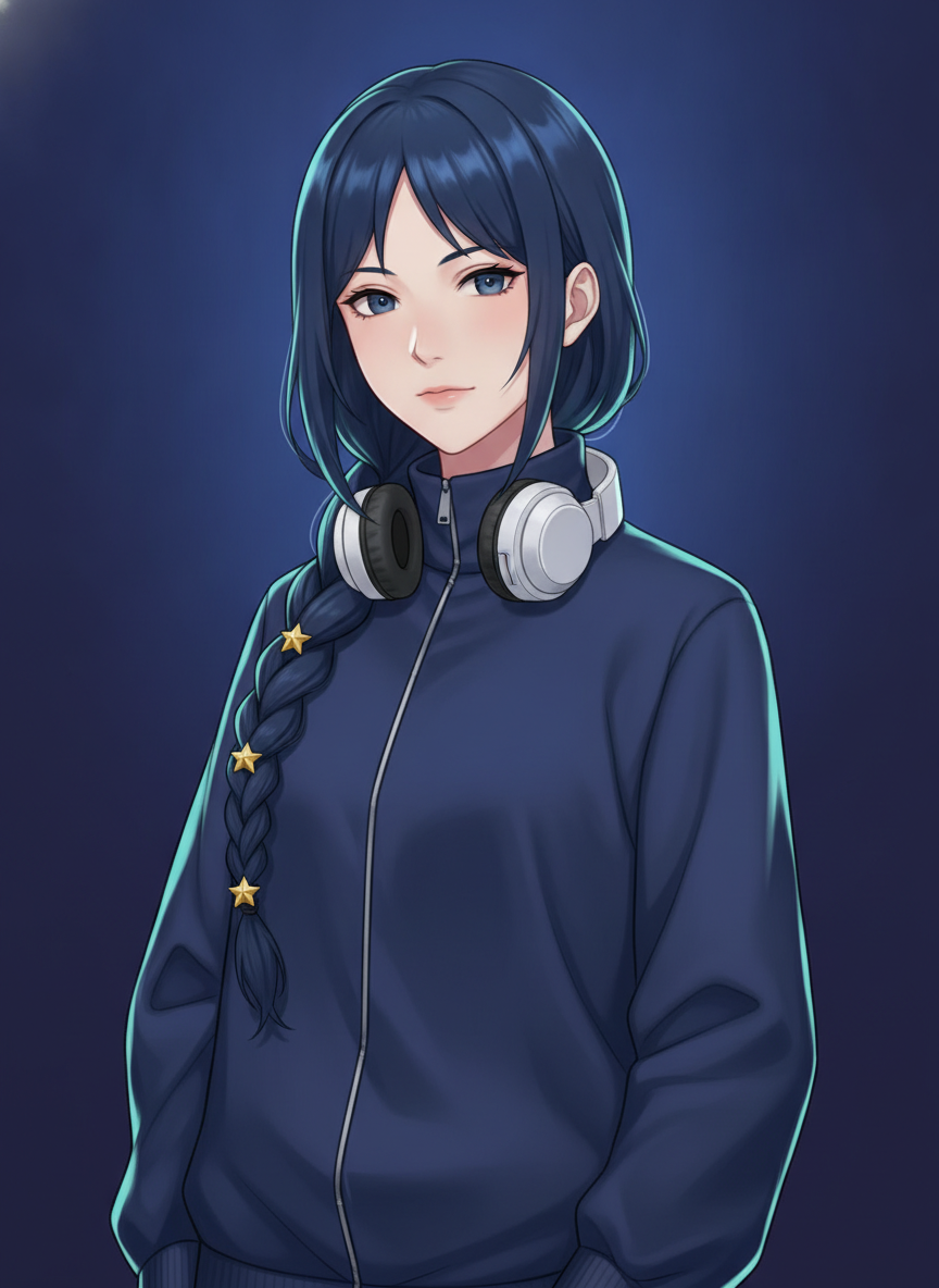 Anime streamer avatar generator example — a half-body VTuber persona with a long dark blue braid, gold star clips, a navy zip jacket and white headphones around the neck