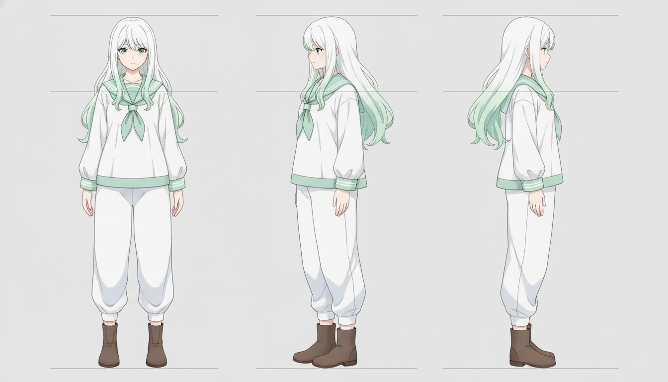 AI VTuber avatar generator turnaround sheet example — the same anime streamer character shown three times in a green and white sailor outfit with white hair and mint tips