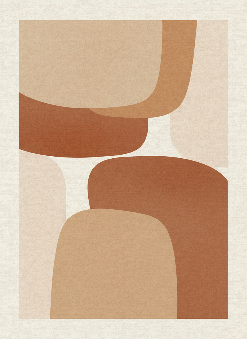 AI wall art generator example — printable abstract wall art with soft organic shapes in sand beige, terracotta and cream on a warm ground