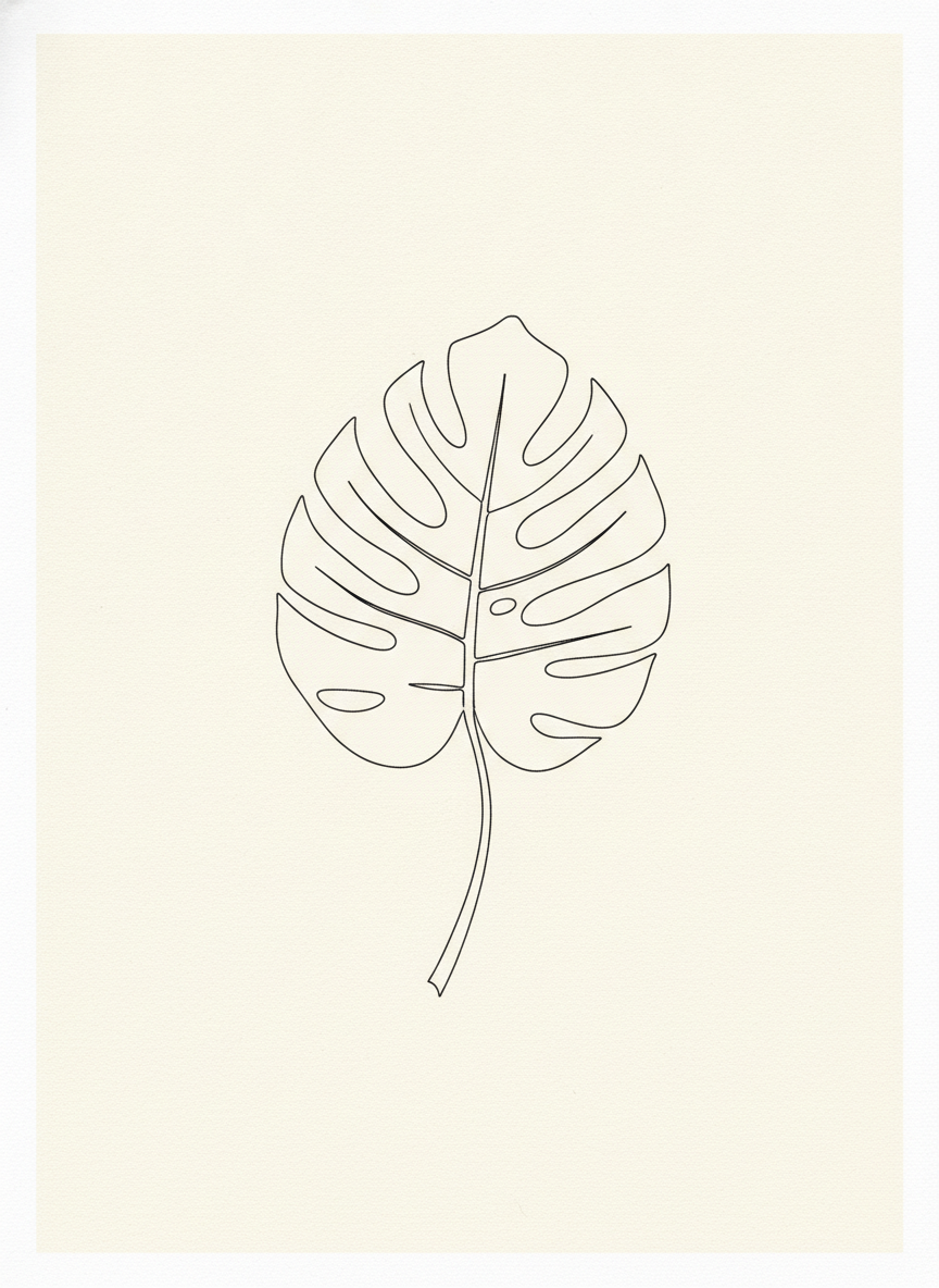 Printable wall art AI example — a single continuous black line drawing of a monstera leaf on ivory paper with wide margins