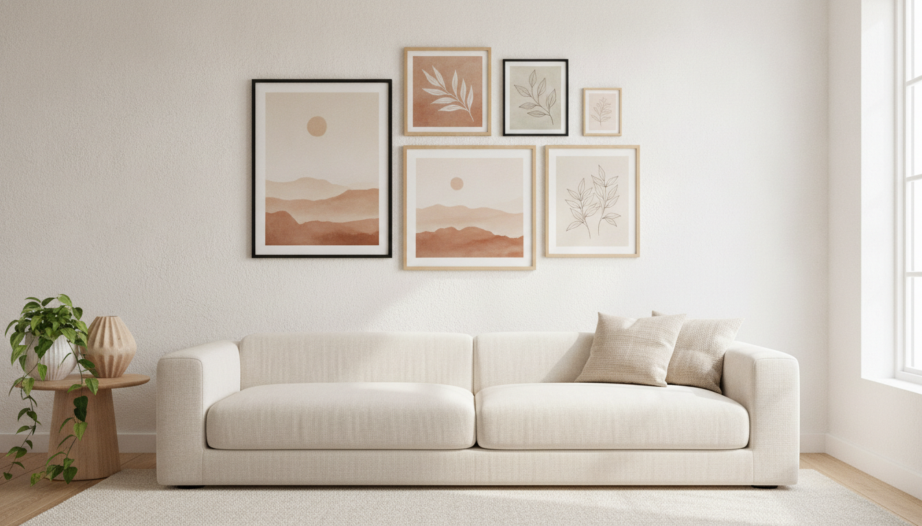 AI wall art generator example — a gallery wall of six framed prints in mixed sizes hung above a cream sofa in a bright living room