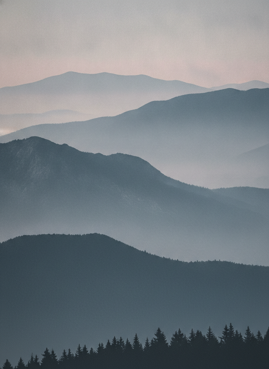 AI generated wall art example — layered misty mountain ridges in muted slate blue and dusty rose with a low pine treeline