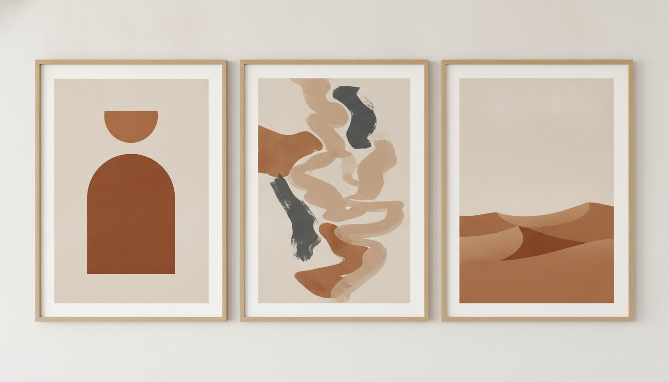 Gallery wall generator example — three coordinated wall art panels in one matched oatmeal, sienna and charcoal palette, framed side by side in oak