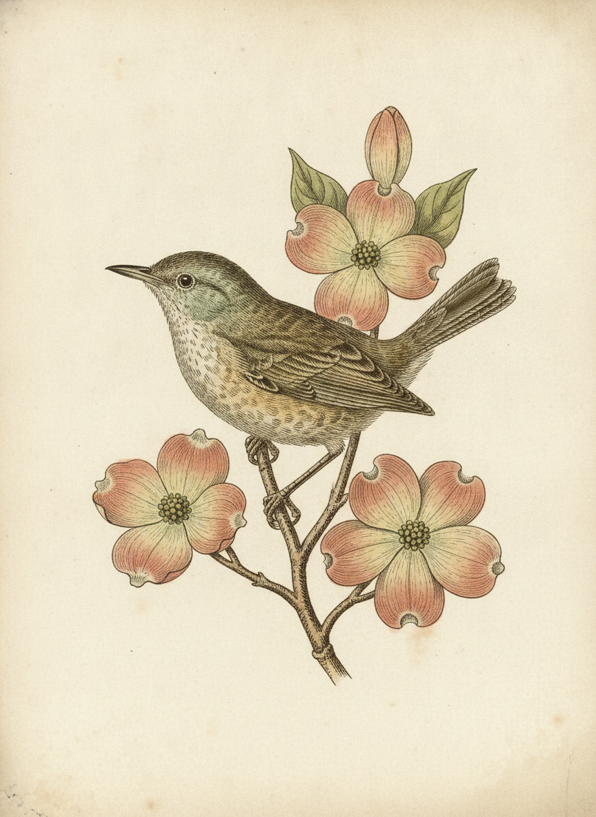 AI art for walls example — an antique style naturalist plate of a wren on a flowering dogwood branch, hand tinted on aged ivory paper