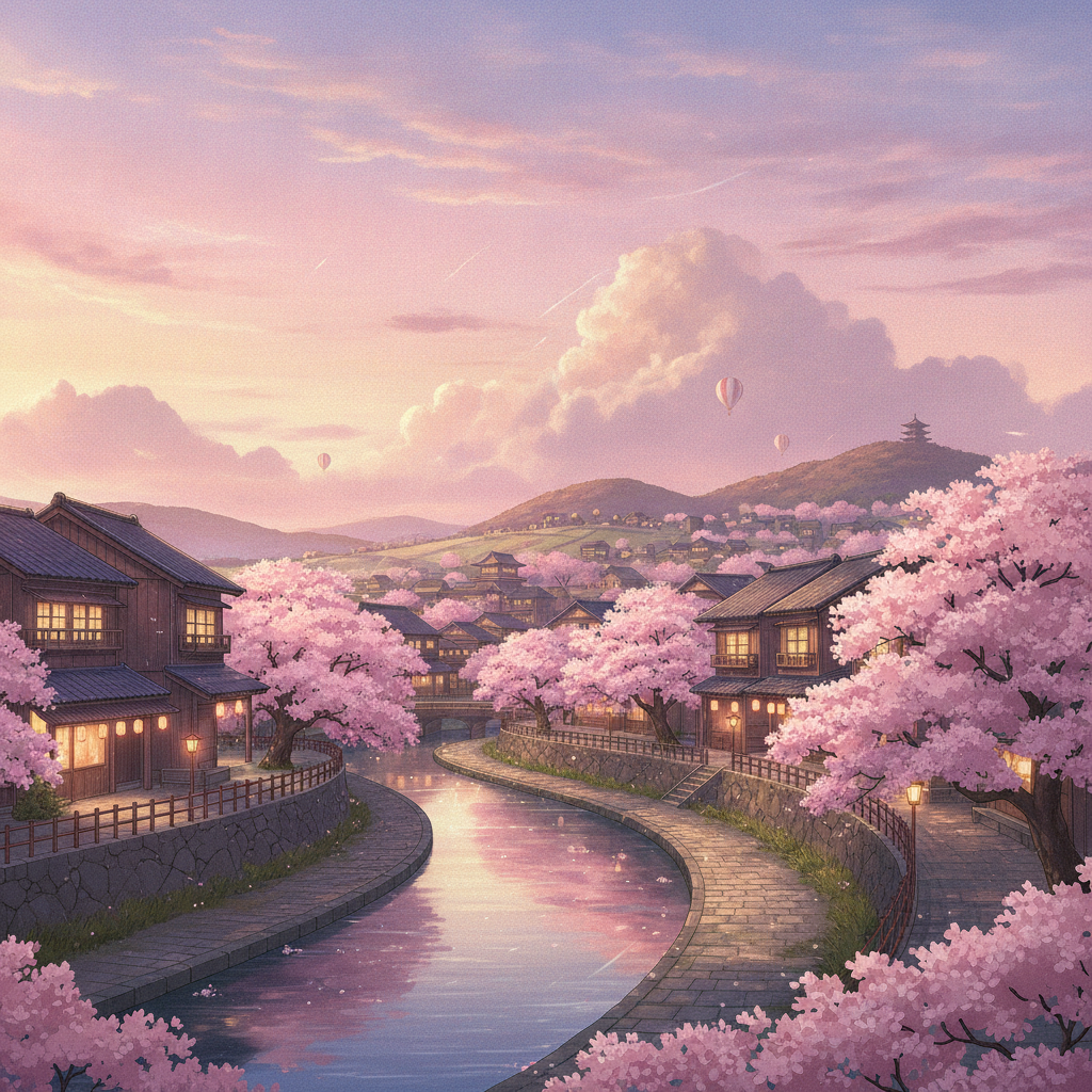 AI wallpaper generator result — an anime cherry blossom town scenery wallpaper