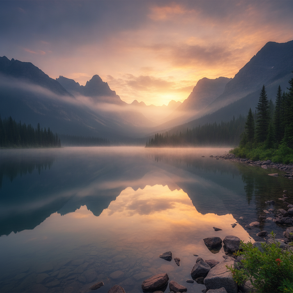 AI wallpaper generator result — a misty mountain nature wallpaper at sunrise