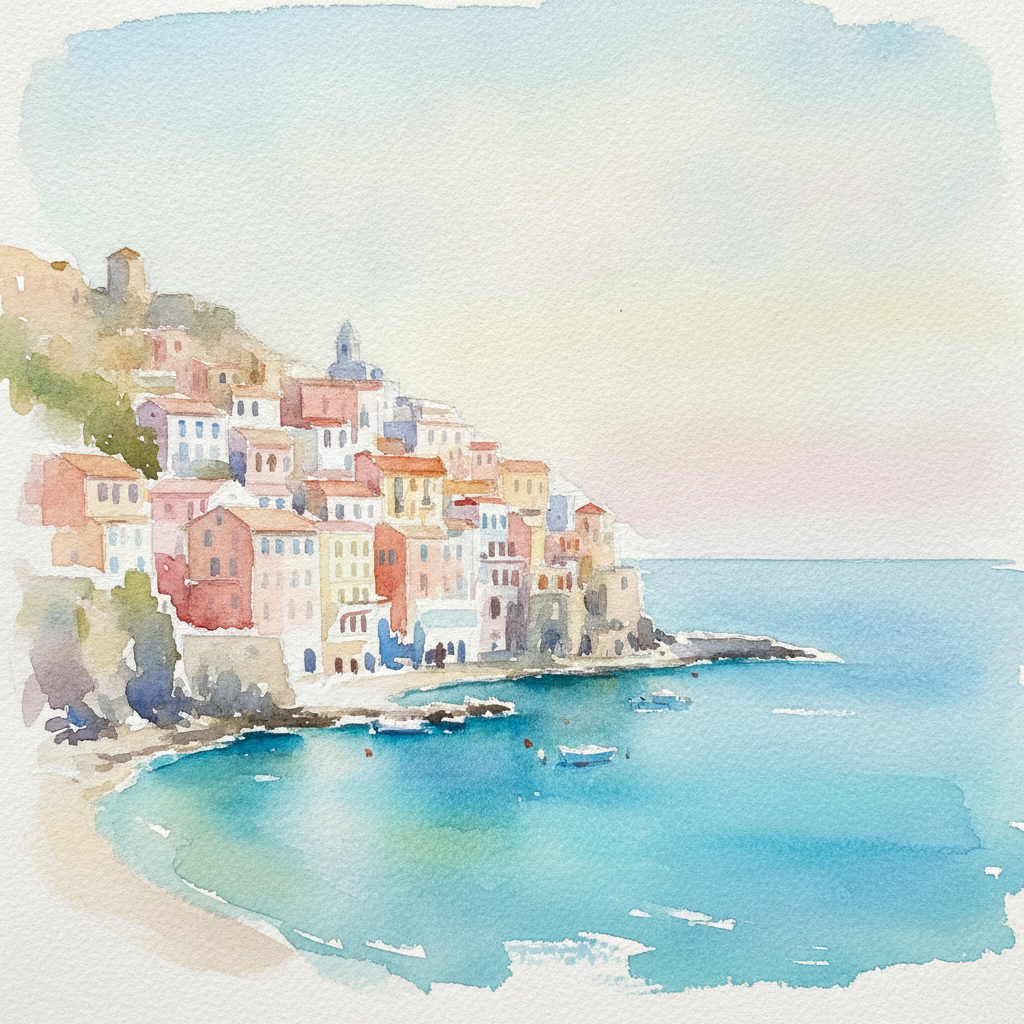 AI watercolor generator result — a loose watercolor painting of a Mediterranean coastal town with pastel houses by the sea