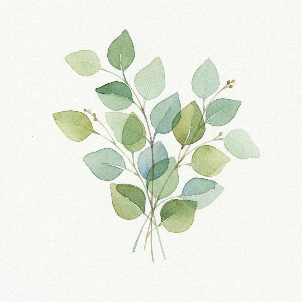 AI watercolor generator result — a botanical watercolor study of green eucalyptus leaves with delicate transparent washes