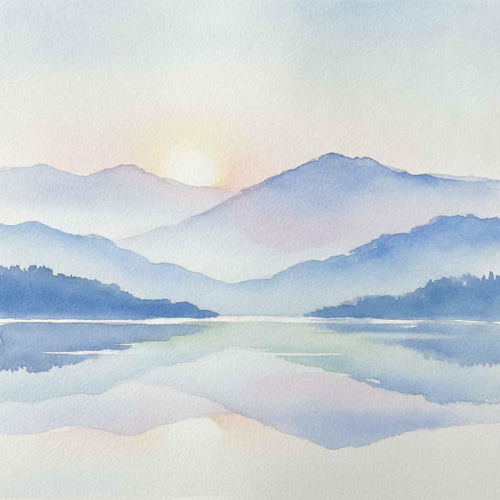 AI watercolor generator result — a loose watercolor landscape of layered blue mountains and a calm lake at sunrise