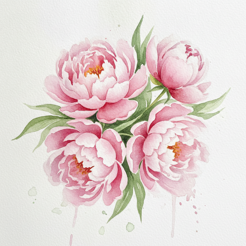 AI watercolor generator result — pink peonies painted with soft watercolor washes and bleeding edges on white paper