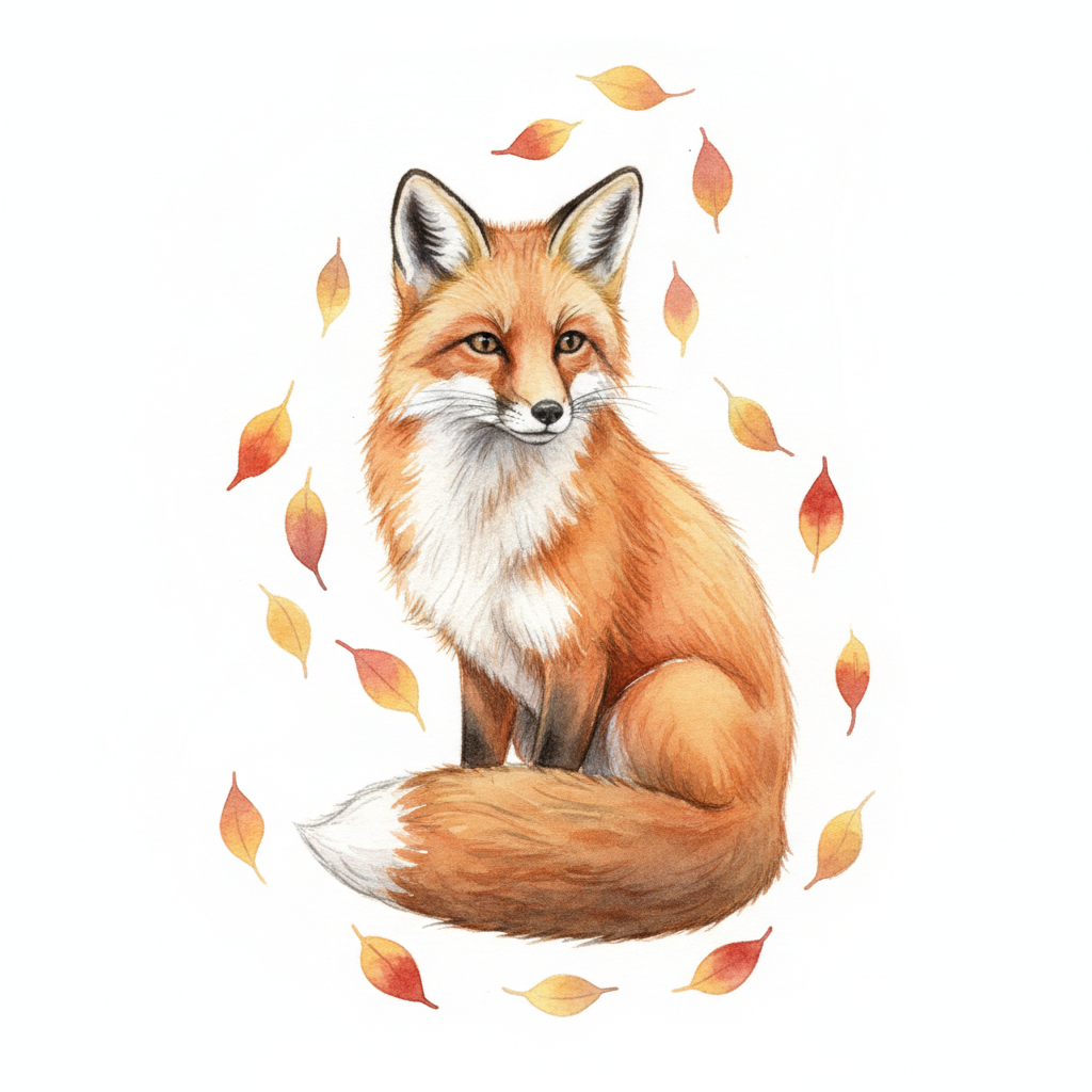 AI watercolor generator result — a cute watercolor illustration of a red fox among autumn leaves on a white background