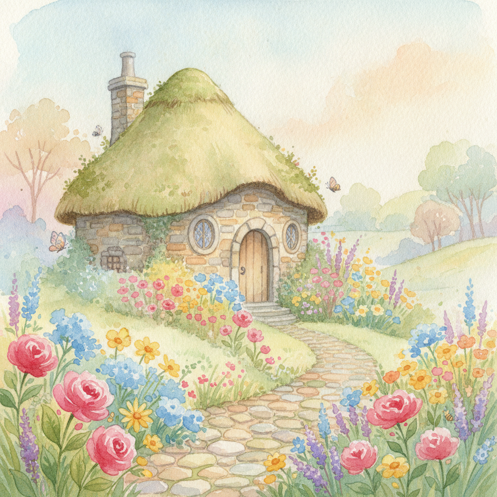 AI watercolor generator result — a whimsical watercolor illustration of a stone cottage surrounded by wildflowers