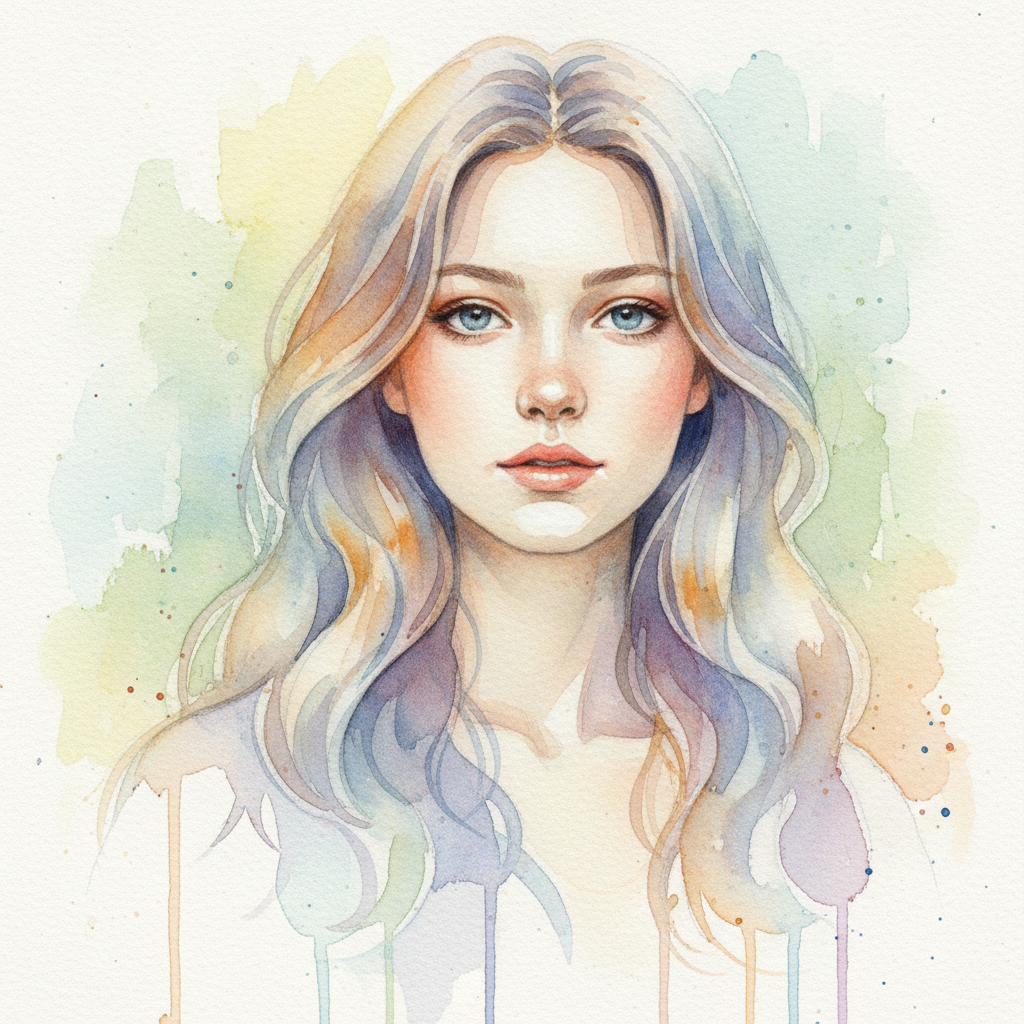 AI watercolor portrait of a young woman with flowing hair in gentle color gradients and translucent layered washes