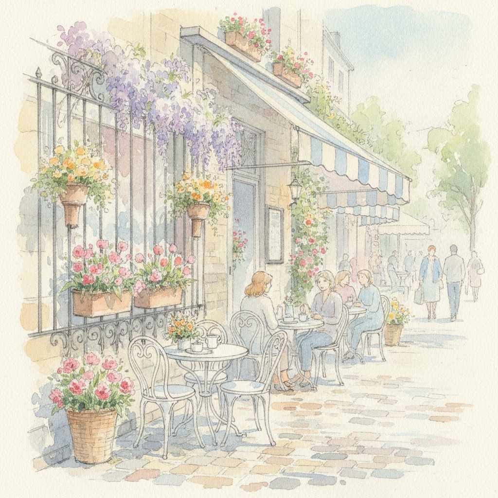 AI watercolor painting of a charming European street cafe in spring with blooming flowers, pastel tones and airy loose brushwork