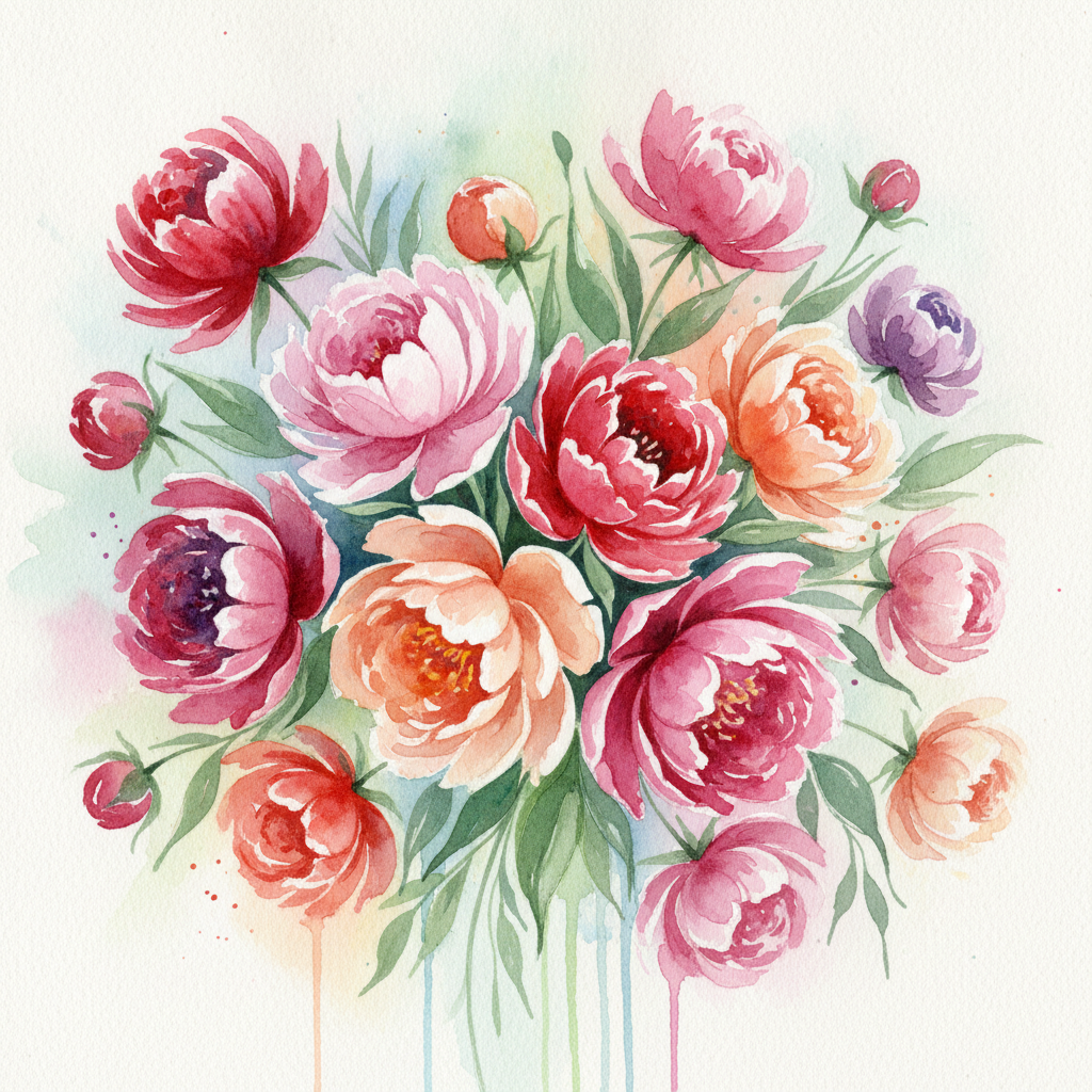 AI watercolor floral bouquet of peonies and roses with vibrant blended pigments, soft bleeding petals and white paper highlights