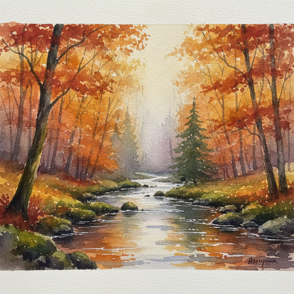 AI watercolor landscape of an autumn forest with a winding river, warm crimson foliage and layered transparent washes