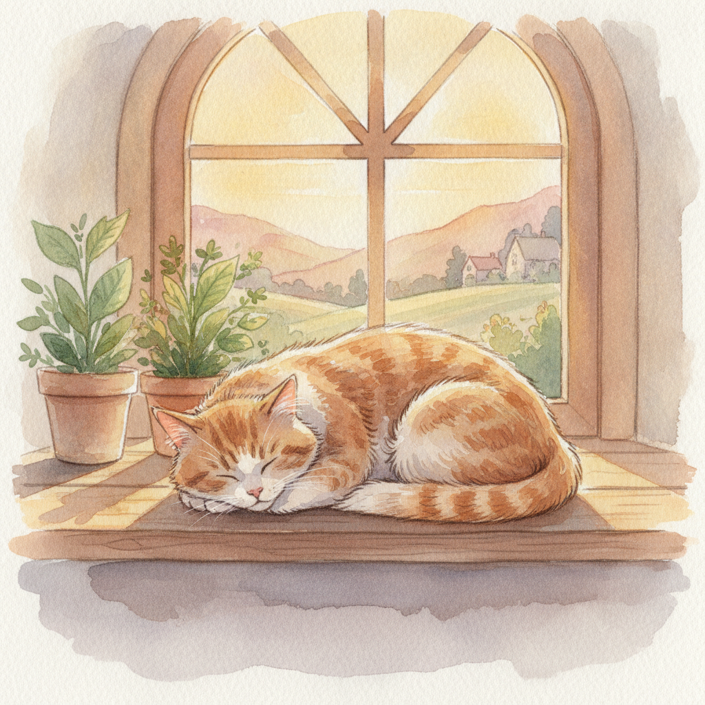 AI watercolor painting of a sleeping cat curled on a windowsill with soft fur in gentle washes and a warm cozy palette