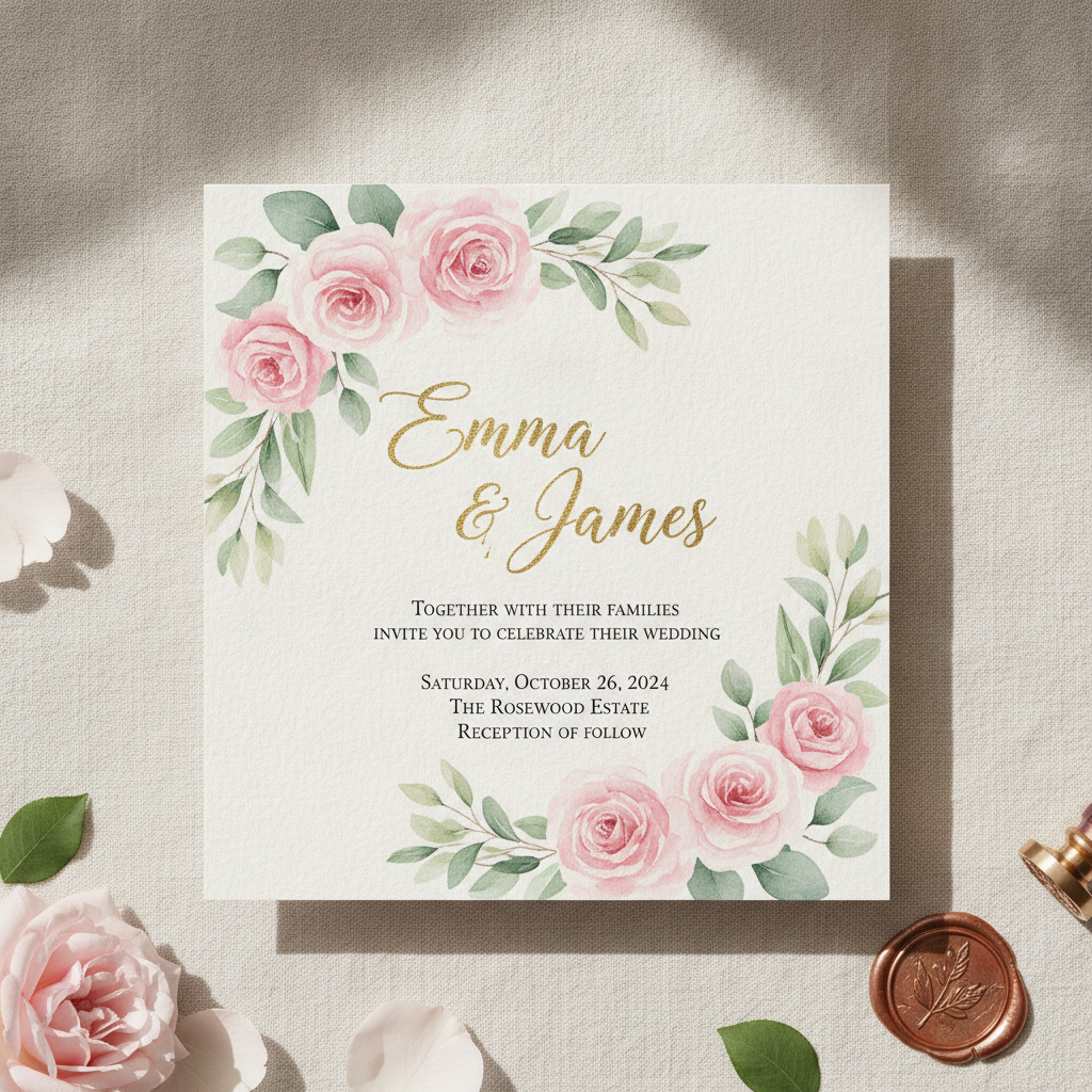 AI wedding invitation with watercolour blush roses and calligraphy names on ivory textured paper