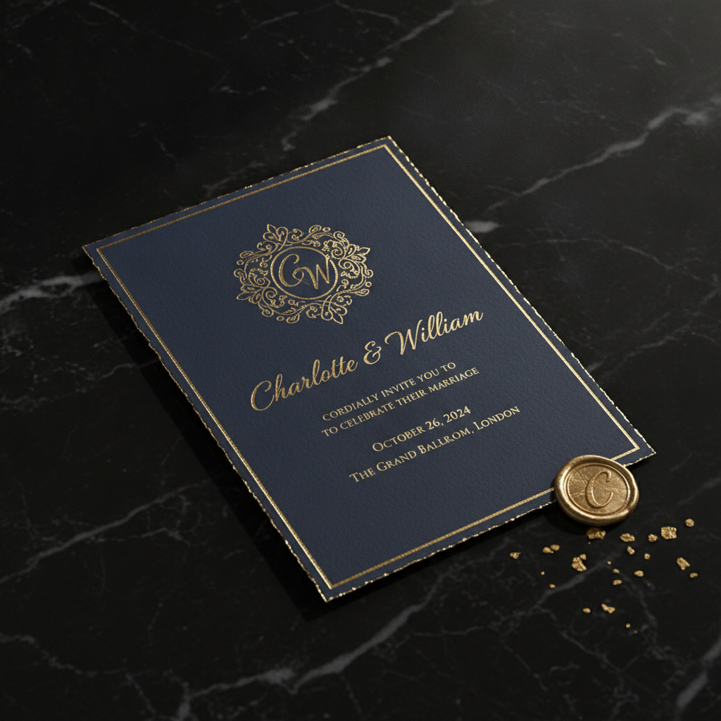 Luxury AI wedding invitation in navy card stock with gold foil typography and monogram crest