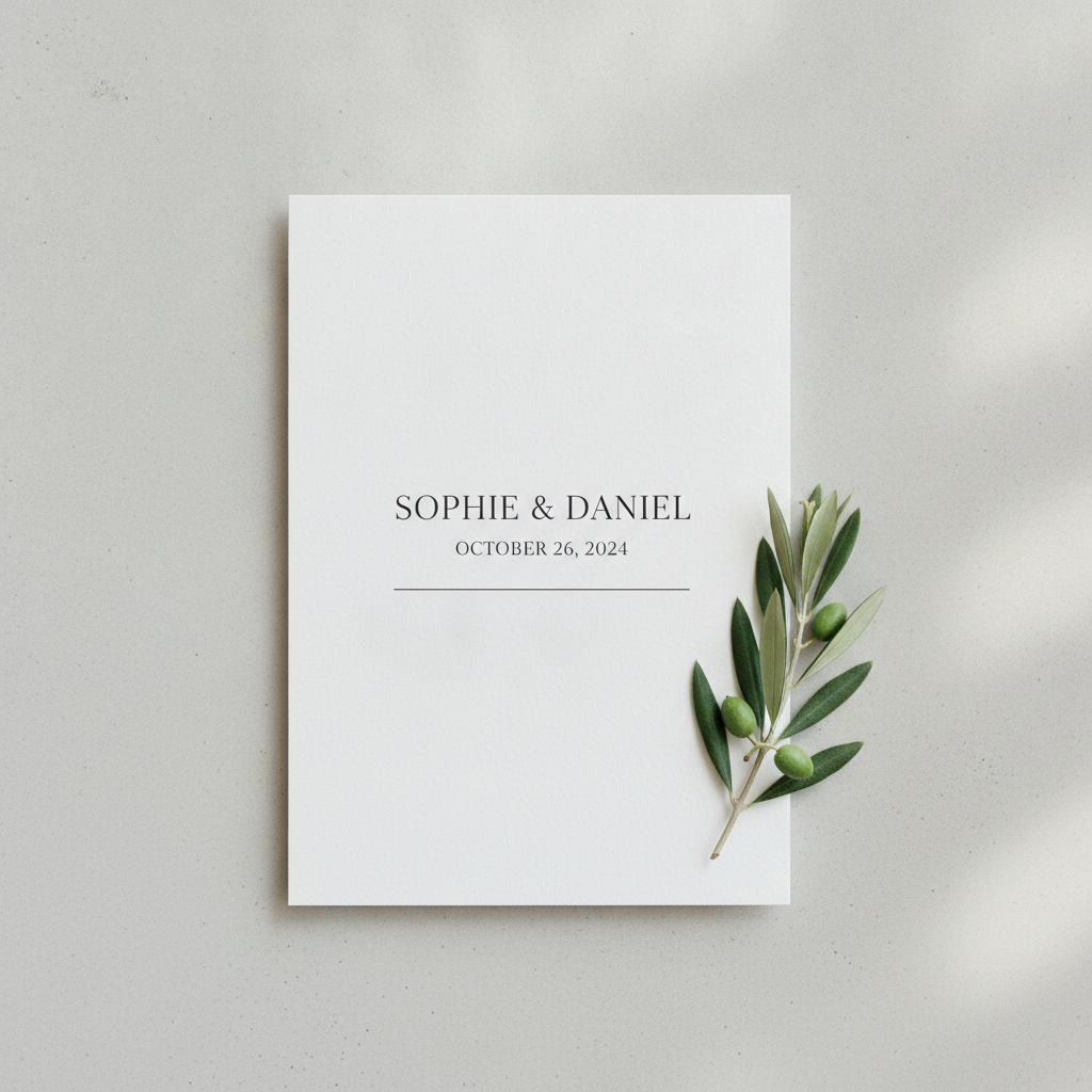 Minimalist AI wedding invitation with thin serif typography and generous white space on off-white card